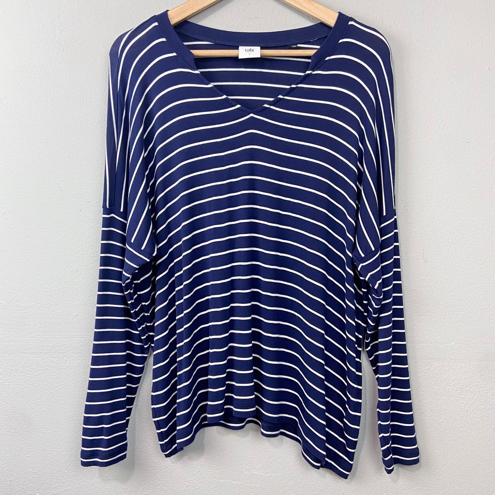Cabi Striped Knit Top Womens S Navy Blue White Drop Shoulder V-Neck Long Sleeve
